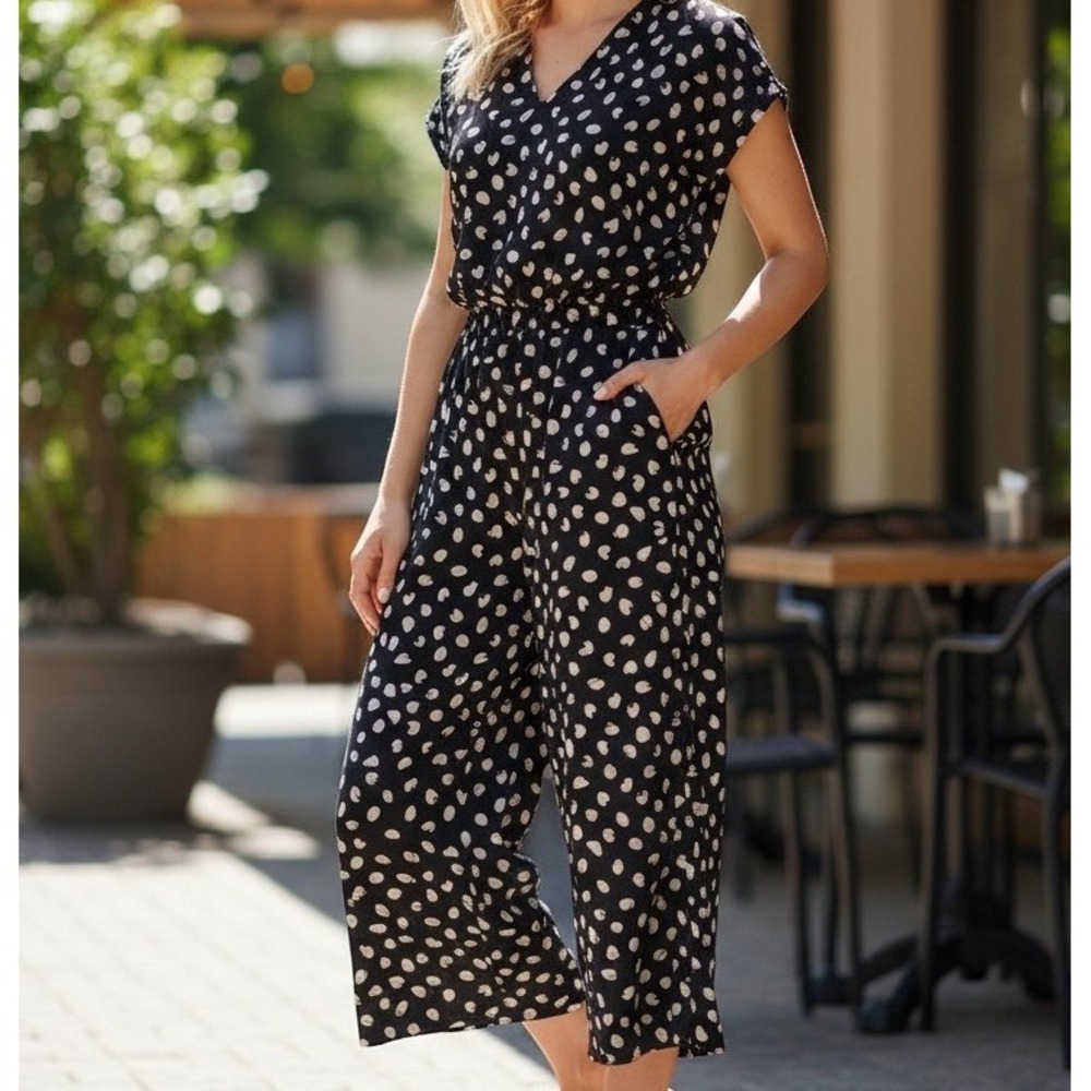 Masai Jumpsuit Women L Black White Polka Dot Cropped Wide Leg Culotte